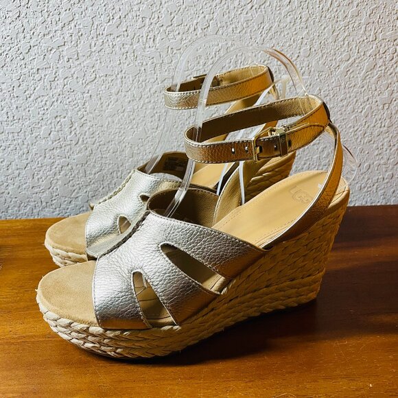 Ugg Careena Womens Gold Ankle-Strap Espadrille Platform Wedge Sandals Size 8.5 - Picture 1 of 11